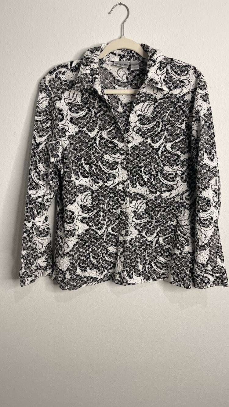 Chico's Womens Button Down Blouse Top Size 3 US XL White Black Floral Eyelet